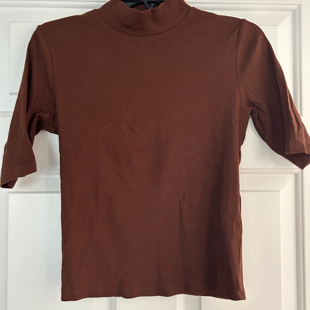 Zara Brown Mock Neck Short Sleeve Top